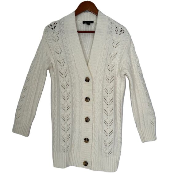 Ann Taylor Cardigan Women S Ivory Tortoise Button Cable Knit Stretch Warm Cozy - Picture 1 of 13